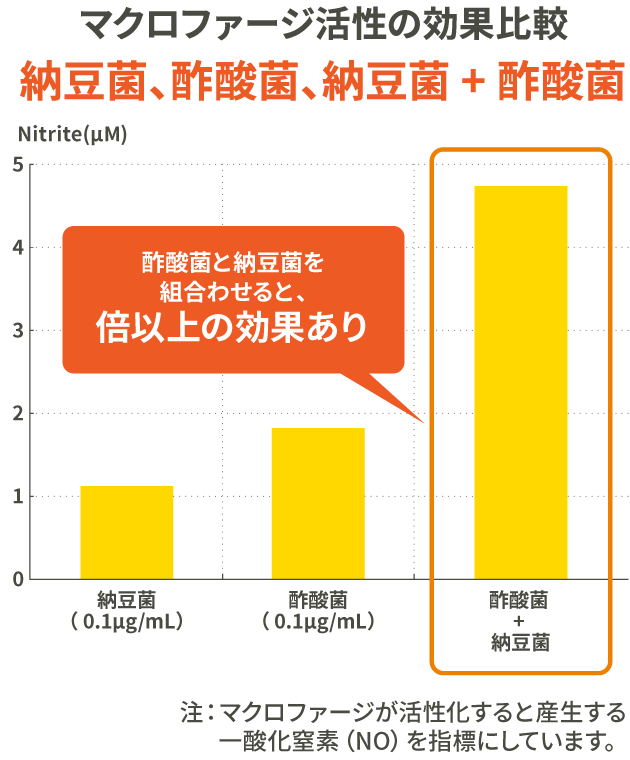 マクロファージ活性の効果比較 納豆菌、酢酸菌、納豆菌+酢酸菌